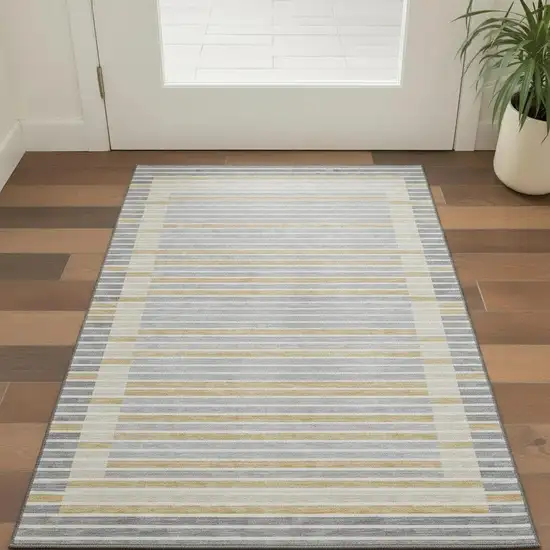 Gray Gold And Silver Striped Washable Area Rug With UV Protection Photo 2