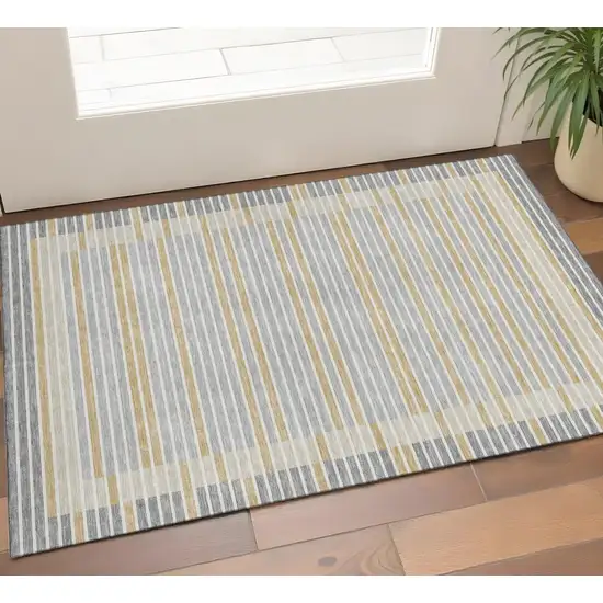 Gray Gold And Silver Striped Washable Area Rug With UV Protection Photo 1