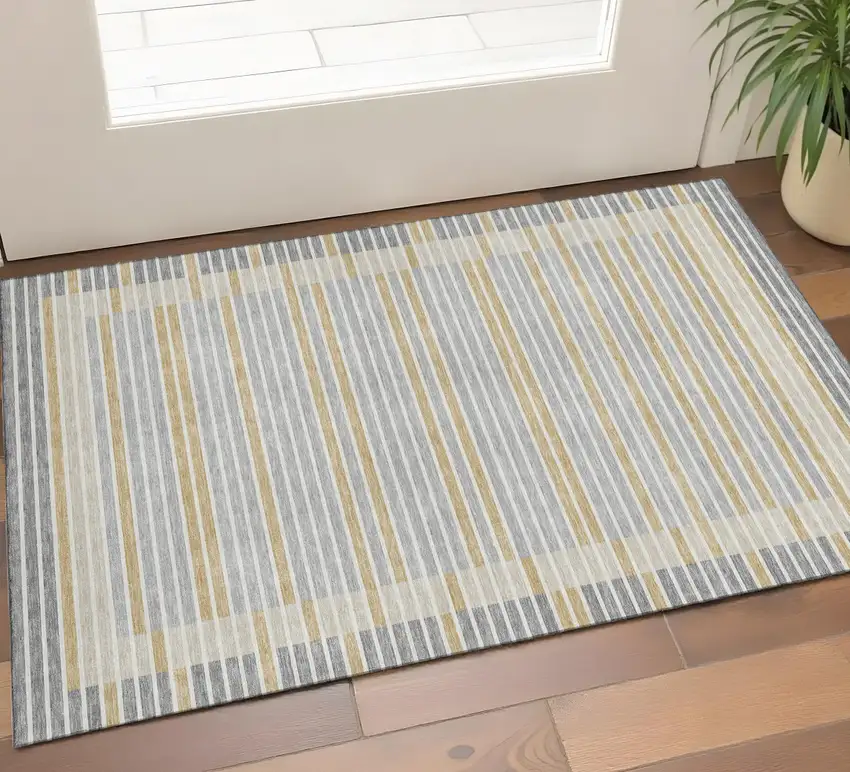 Gray Gold And Silver Striped Washable Area Rug With UV Protection Photo 1