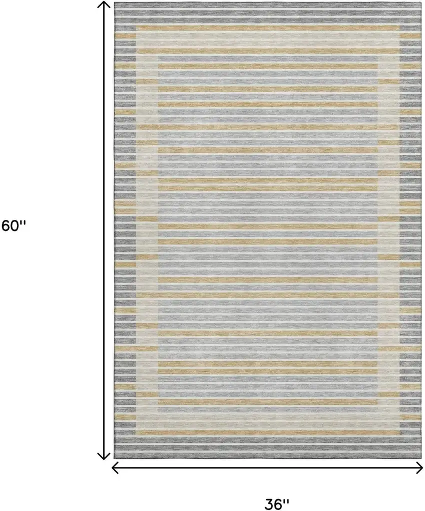 Gray Gold And Silver Striped Washable Area Rug With UV Protection Photo 3