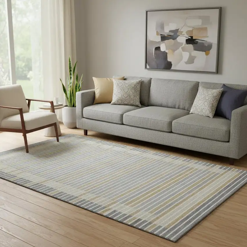 Gray Gold And Silver Striped Washable Area Rug With UV Protection Photo 2