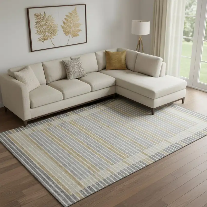 Gray Gold And Silver Striped Washable Area Rug With UV Protection Photo 2