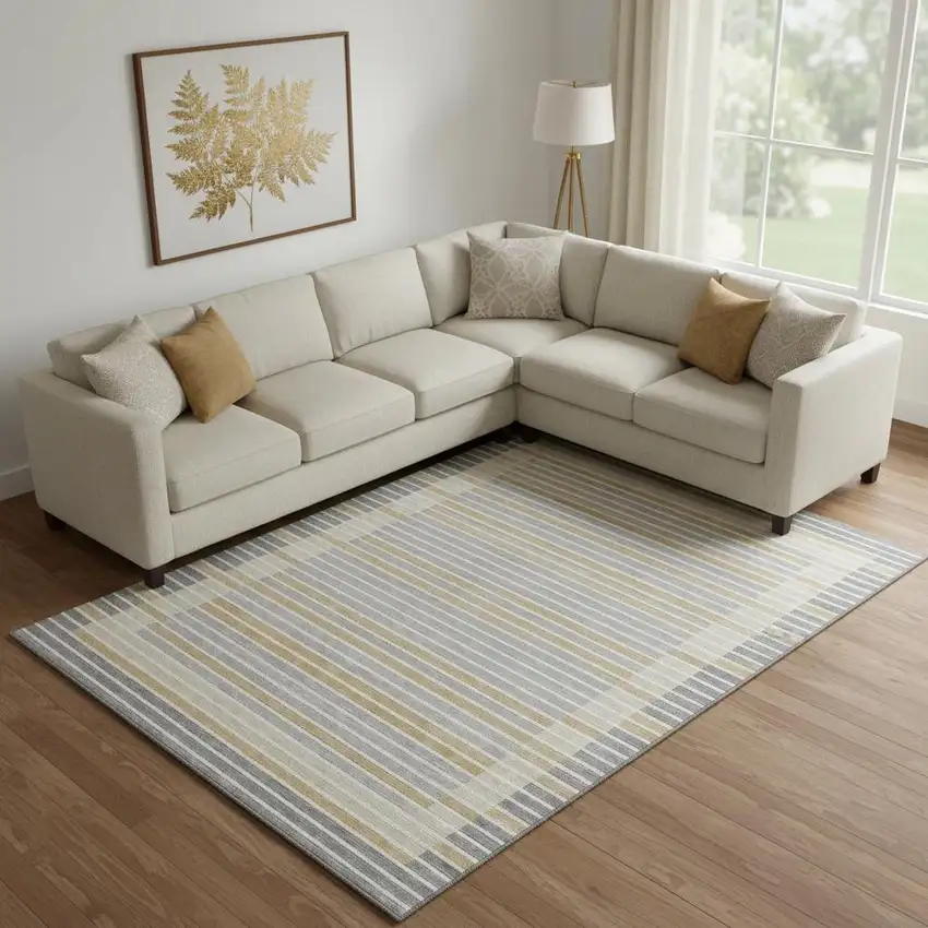 Gray Gold And Silver Striped Washable Area Rug With UV Protection Photo 2