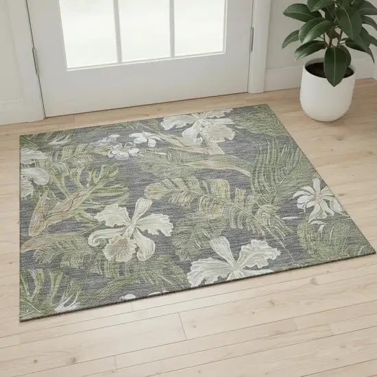 Gray Green And Beige Floral Washable Area Rug With UV Protection Photo 2