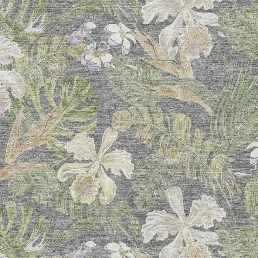 Gray Green And Beige Floral Washable Area Rug With UV Protection Photo 3