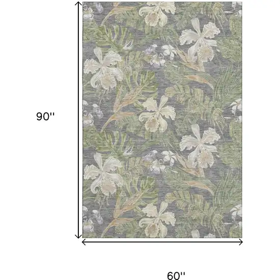 Gray Green And Beige Floral Washable Area Rug With UV Protection Photo 9