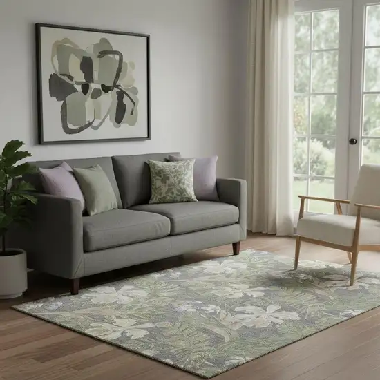 Gray Green And Beige Floral Washable Area Rug With UV Protection Photo 2