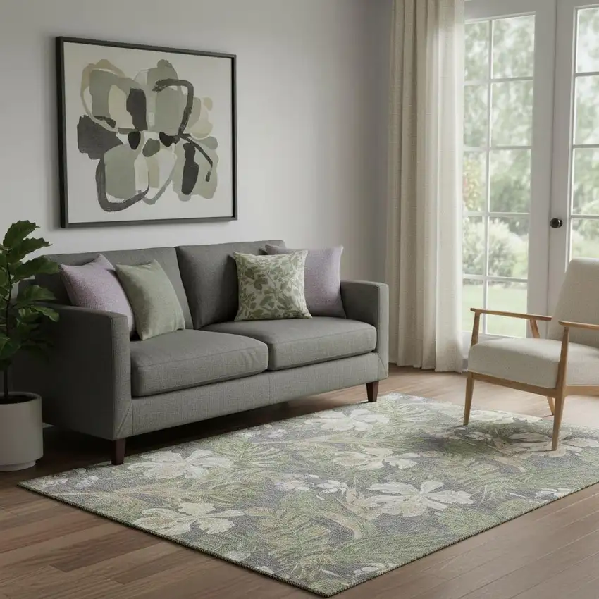 Gray Green And Beige Floral Washable Area Rug With UV Protection Photo 2