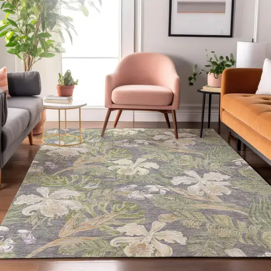 Gray Green And Beige Floral Washable Area Rug With UV Protection Photo 4