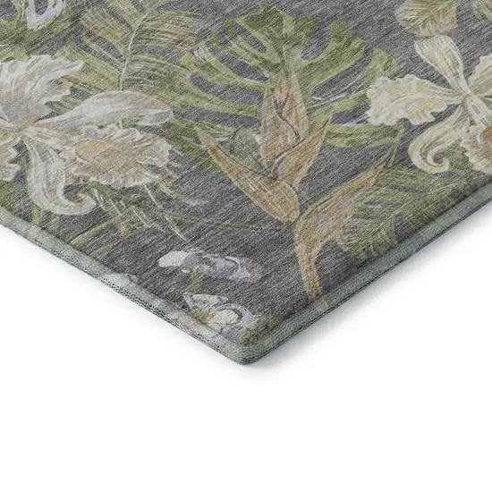 Gray Green And Beige Floral Washable Area Rug With UV Protection Photo 6