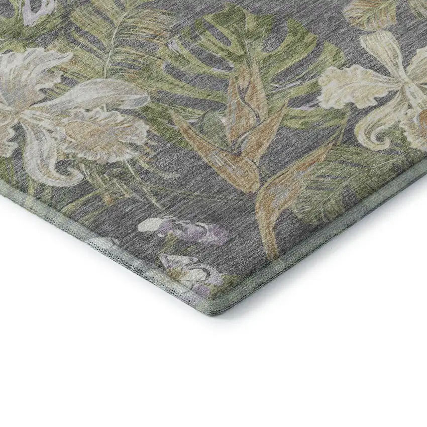 Gray Green And Beige Floral Washable Area Rug With UV Protection Photo 6