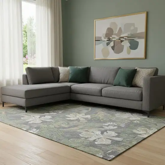 Gray Green And Beige Floral Washable Area Rug With UV Protection Photo 2