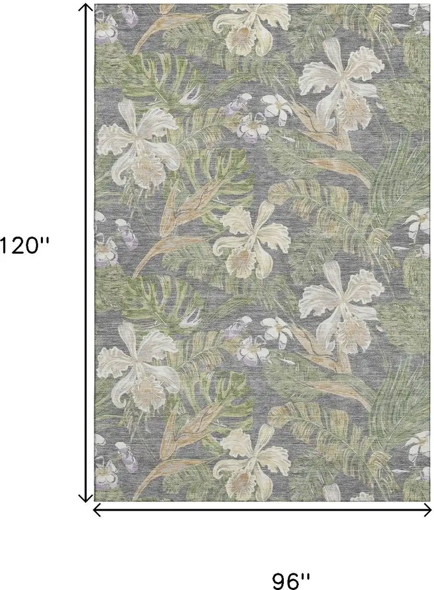 Gray Green And Beige Floral Washable Area Rug With UV Protection Photo 9