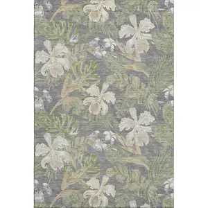 Photo of Gray Green And Beige Floral Washable Area Rug With UV Protection