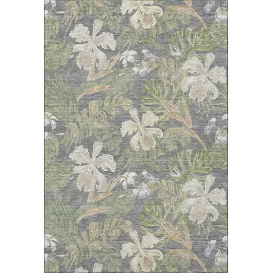 Gray Green And Beige Floral Washable Area Rug With UV Protection Photo 3