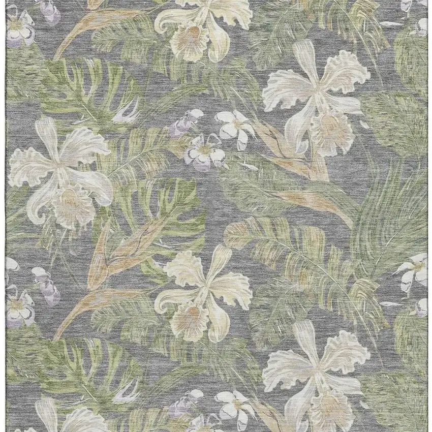 Gray Green And Beige Floral Washable Area Rug With UV Protection Photo 3