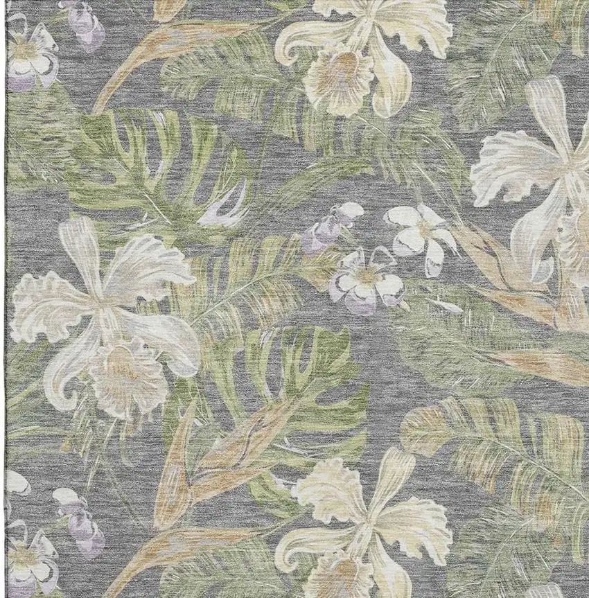 Gray Green And Beige Floral Washable Area Rug With UV Protection Photo 2