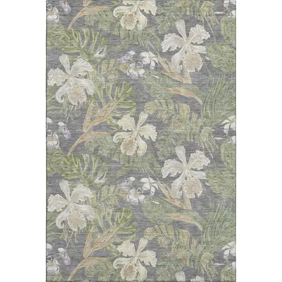 Gray Green And Beige Floral Washable Area Rug With UV Protection Photo 1