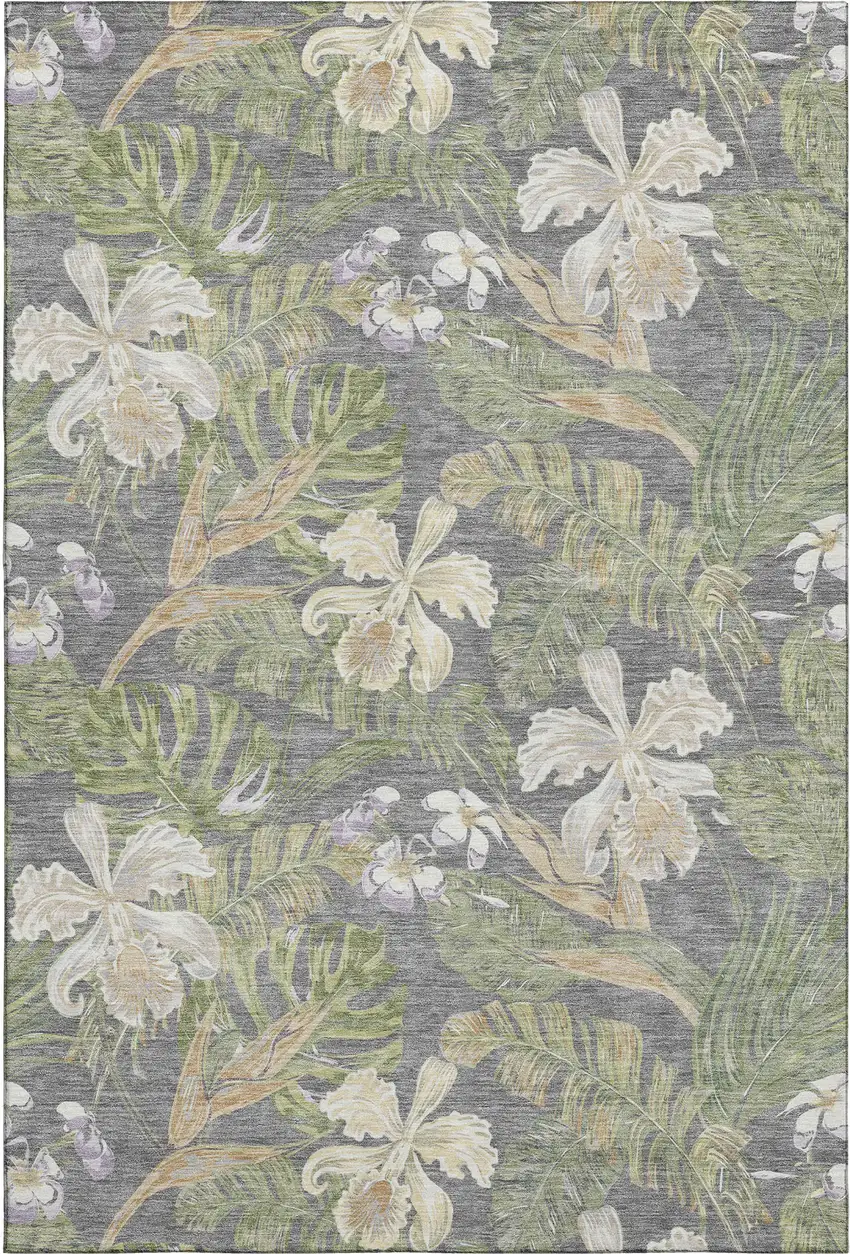 Gray Green And Beige Floral Washable Area Rug With UV Protection Photo 1