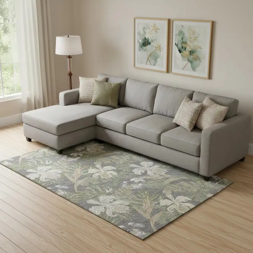 Gray Green And Beige Floral Washable Area Rug With UV Protection Photo 2