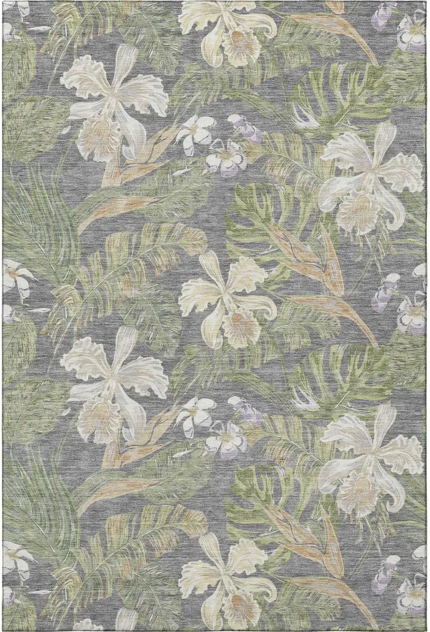 Gray Green And Beige Floral Washable Area Rug With UV Protection Photo 3