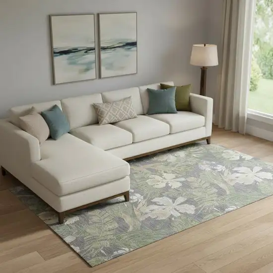 Gray Green And Beige Floral Washable Area Rug With UV Protection Photo 2