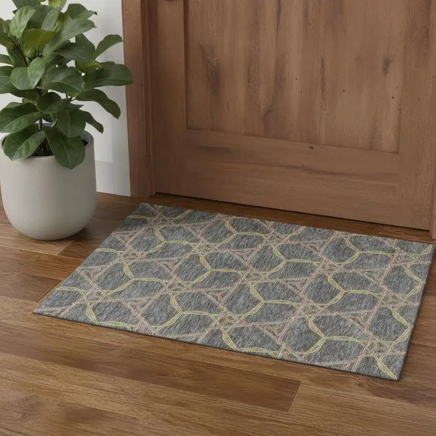 Gray Green And Beige Geometric Washable Area Rug With UV Protection Photo 1