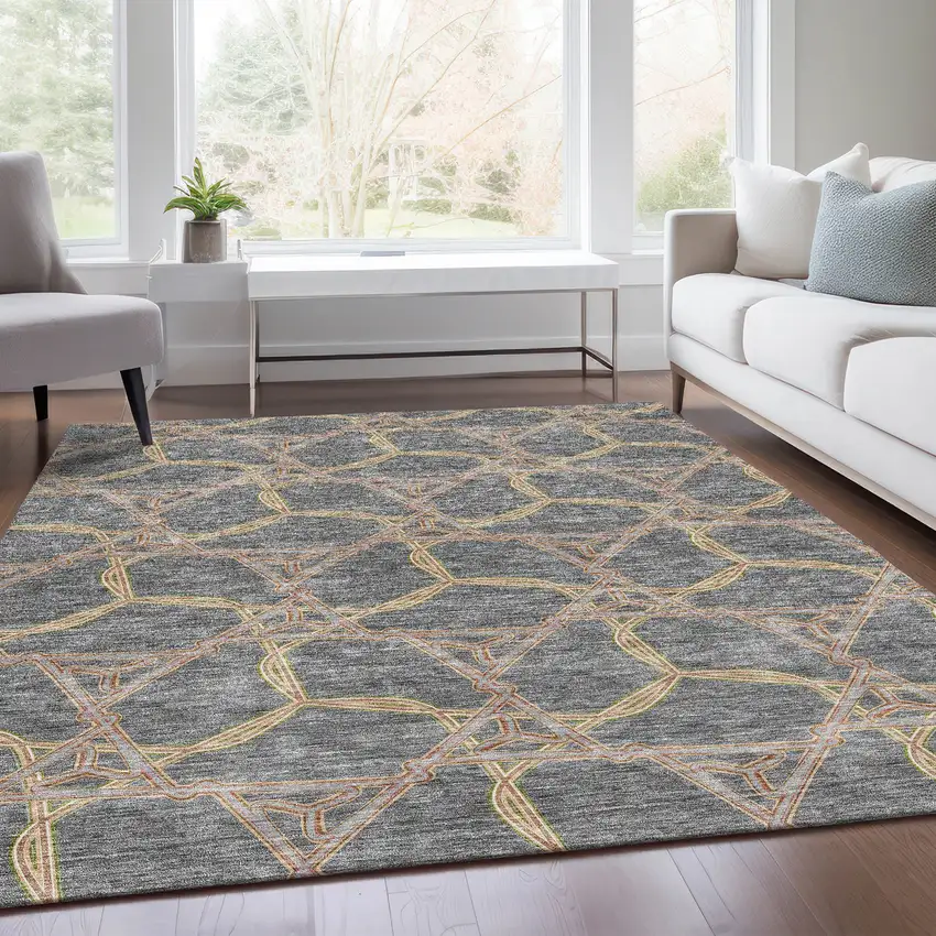Gray Green And Beige Geometric Washable Area Rug With UV Protection Photo 5