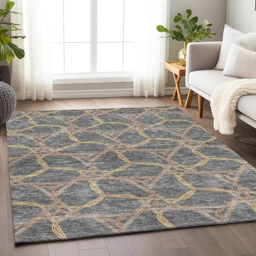 Gray Green And Beige Geometric Washable Area Rug With UV Protection Photo 4