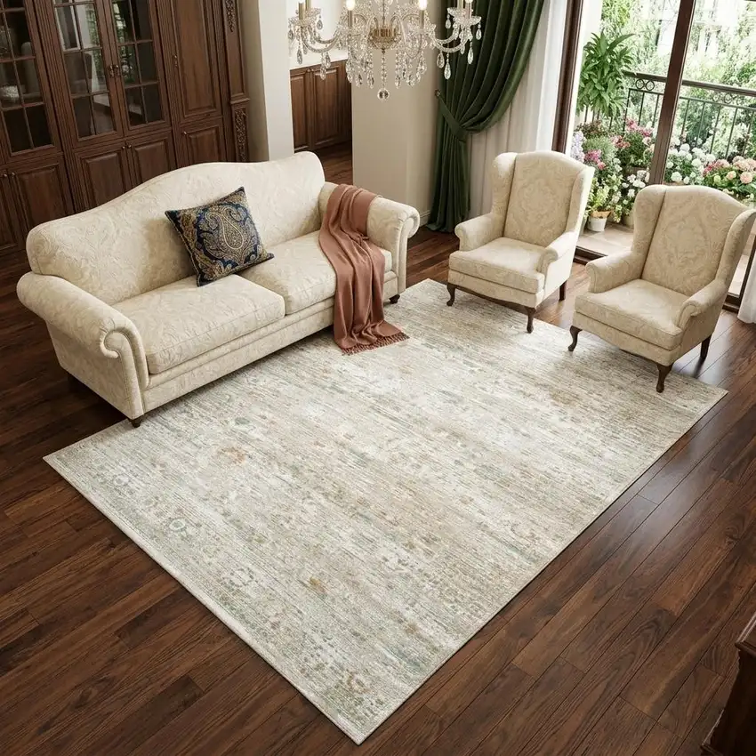 Gray Green And Brown Tribal Washable Area Rug With UV Protection Photo 1