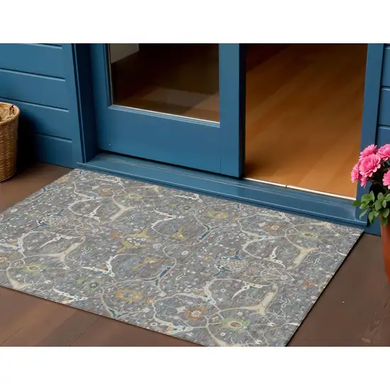 Gray Green And Copper Floral Washable Indoor Outdoor Area Rug Photo 1