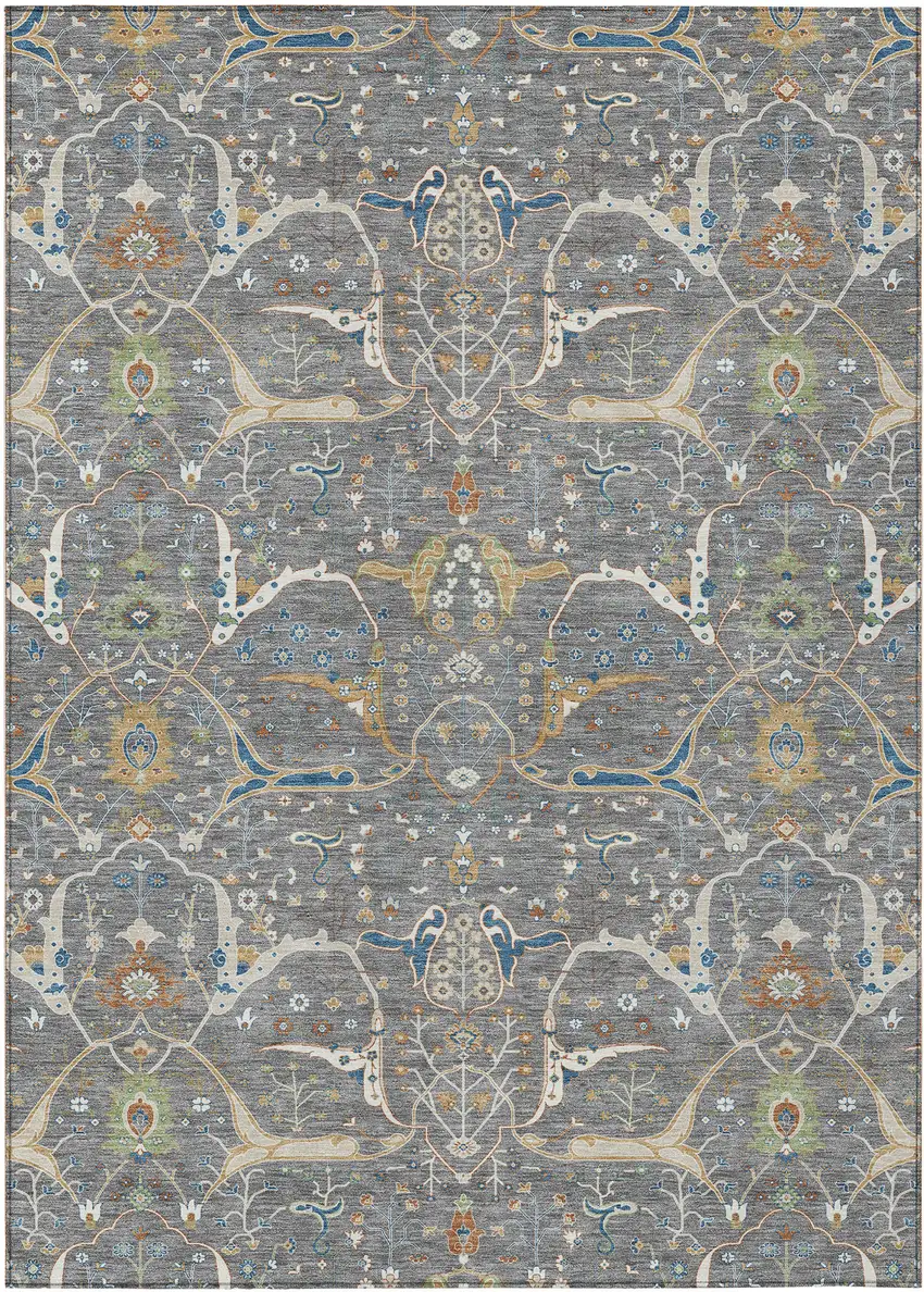 Gray Green And Copper Floral Washable Indoor Outdoor Area Rug Photo 2