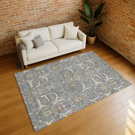 Gray Green And Copper Floral Washable Indoor Outdoor Area Rug Photo 7