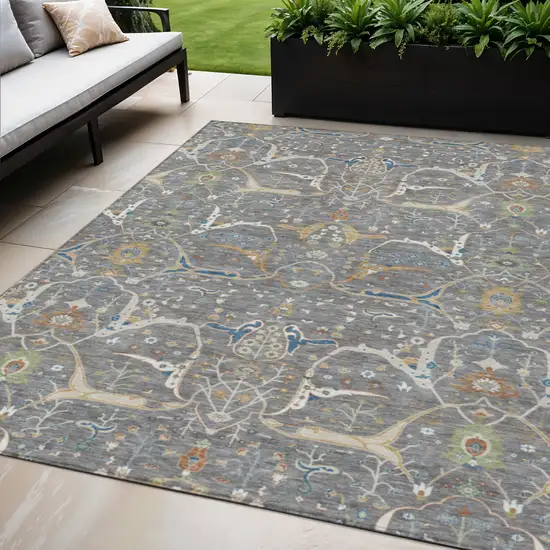 Gray Green And Copper Floral Washable Indoor Outdoor Area Rug Photo 1