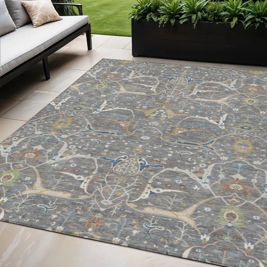 Gray Green And Copper Floral Washable Indoor Outdoor Area Rug Photo 1