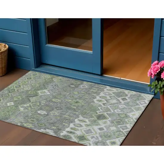 Gray Green And Ivory Geometric Washable Indoor Outdoor Area Rug Photo 1