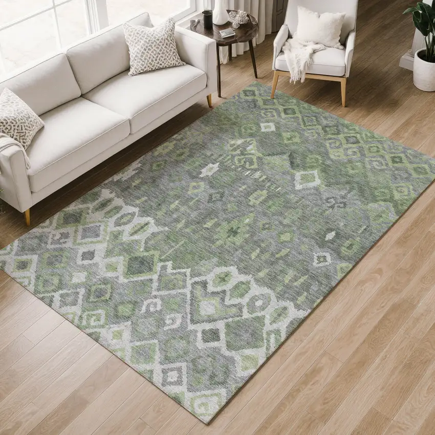 Gray Green And Ivory Geometric Washable Indoor Outdoor Area Rug Photo 9