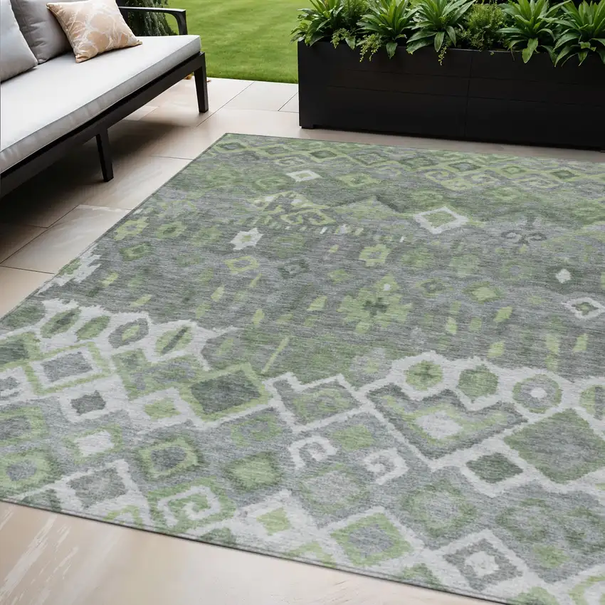 Gray Green And Ivory Geometric Washable Indoor Outdoor Area Rug Photo 1