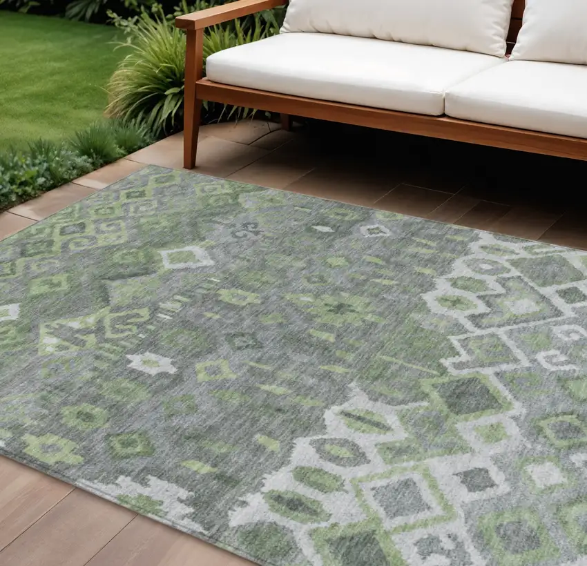 Gray Green And Ivory Geometric Washable Indoor Outdoor Area Rug Photo 1