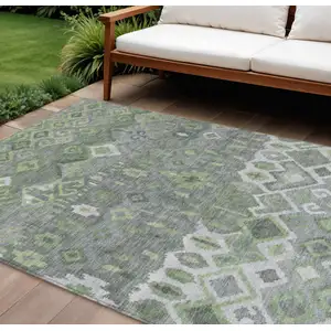 Photo of Gray Green And Ivory Geometric Washable Indoor Outdoor Area Rug