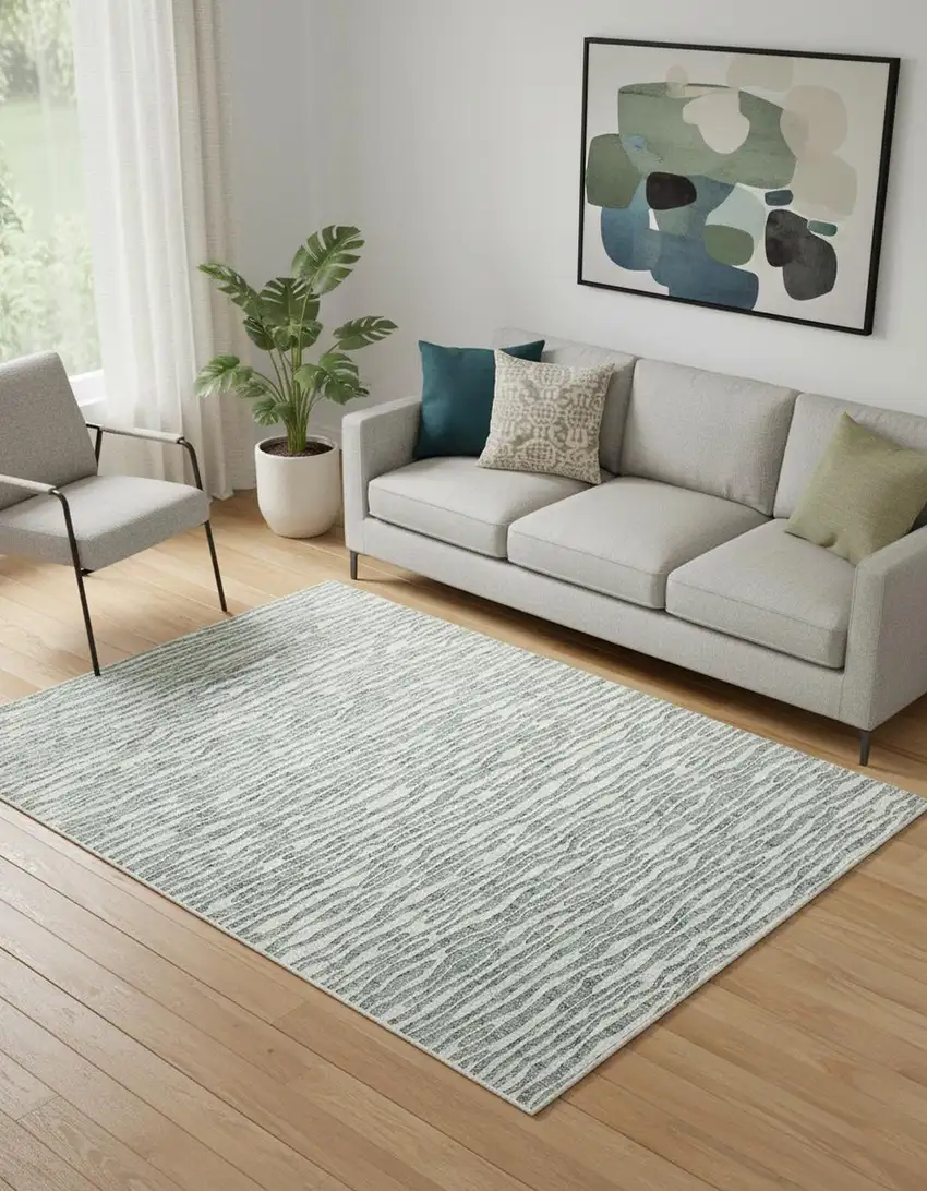 Gray Green And Ivory Striped Distressed Stain Resistant Area Rug Photo 1