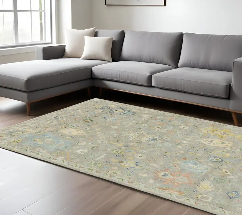 Gray Green And Yellow Wool Oriental Hand Knotted Area Rug With Fringe Photo 1