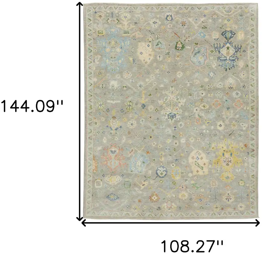 Gray Green And Yellow Wool Oriental Hand Knotted Area Rug With Fringe Photo 3