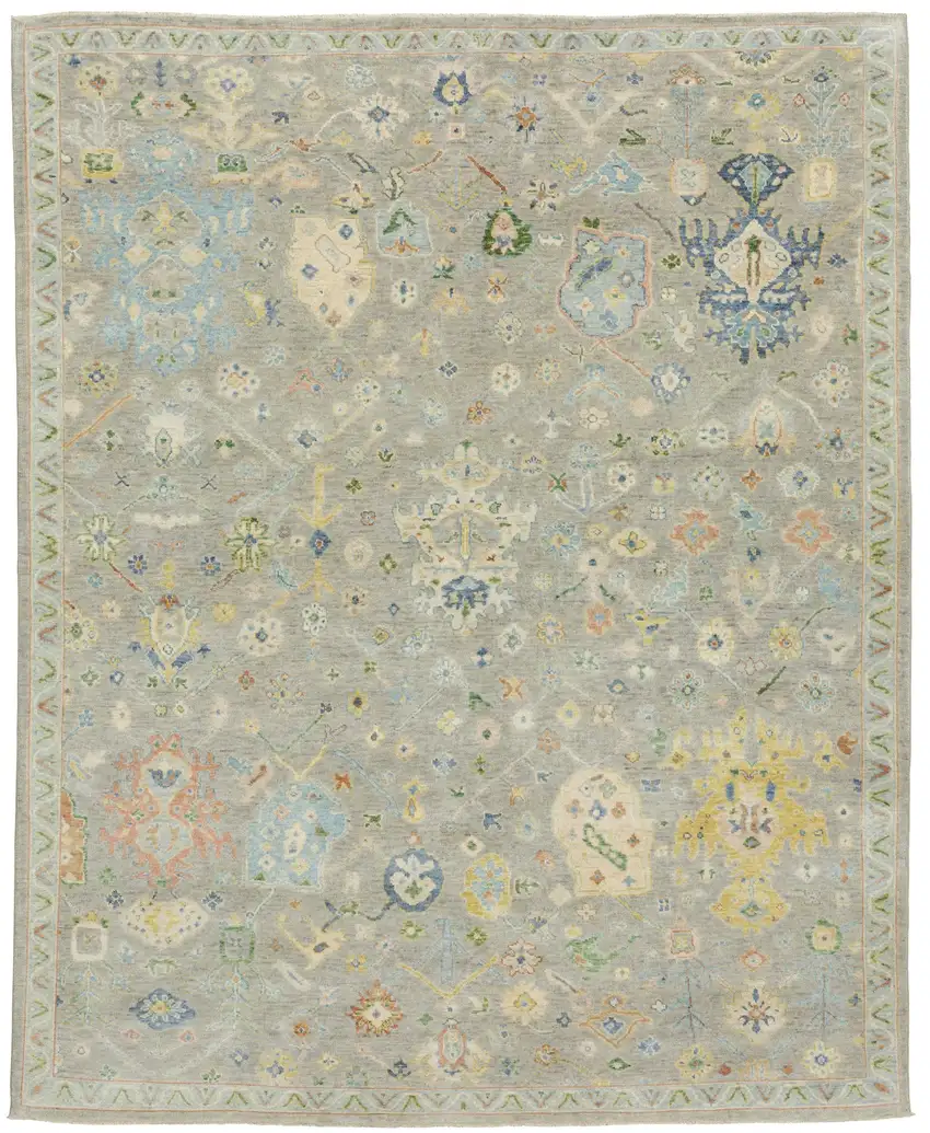 Gray Green And Yellow Wool Oriental Hand Knotted Area Rug With Fringe Photo 2