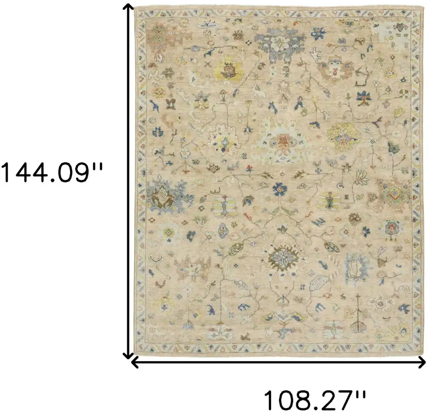 Gray Green And Yellow Wool Oriental Hand Knotted Area Rug With Fringe Photo 3