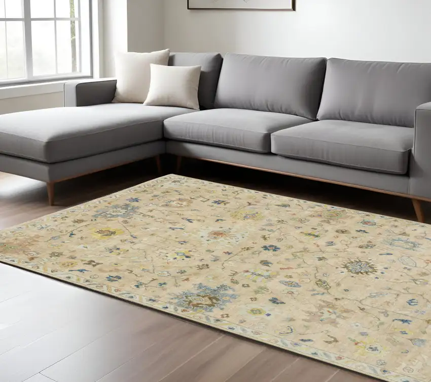 Gray Green And Yellow Wool Oriental Hand Knotted Area Rug With Fringe Photo 1
