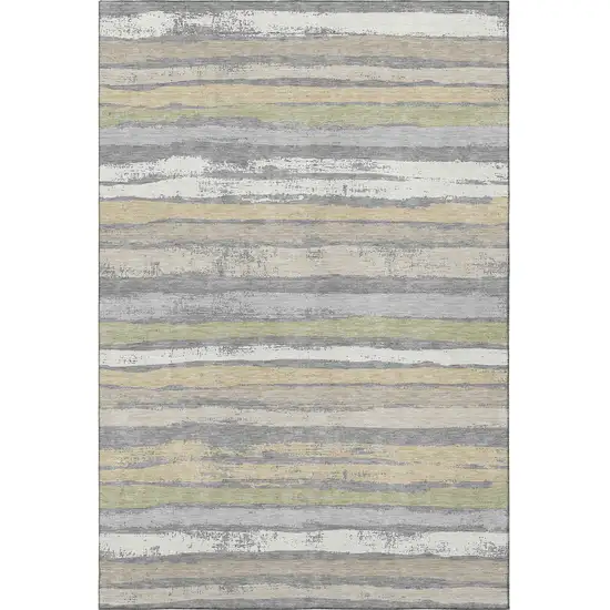 Gray Ivory And Artichoke Green Striped Washable Area Rug With UV Protection Photo 2