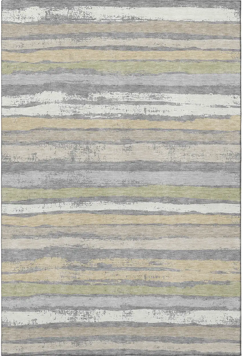 Gray Ivory And Artichoke Green Striped Washable Area Rug With UV Protection Photo 2