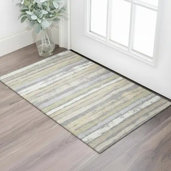 Gray Ivory And Artichoke Green Striped Washable Area Rug With UV Protection Photo 2
