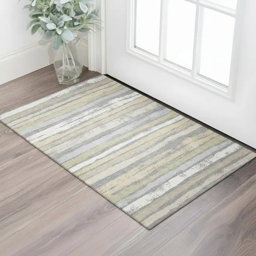 Gray Ivory And Artichoke Green Striped Washable Area Rug With UV Protection Photo 2